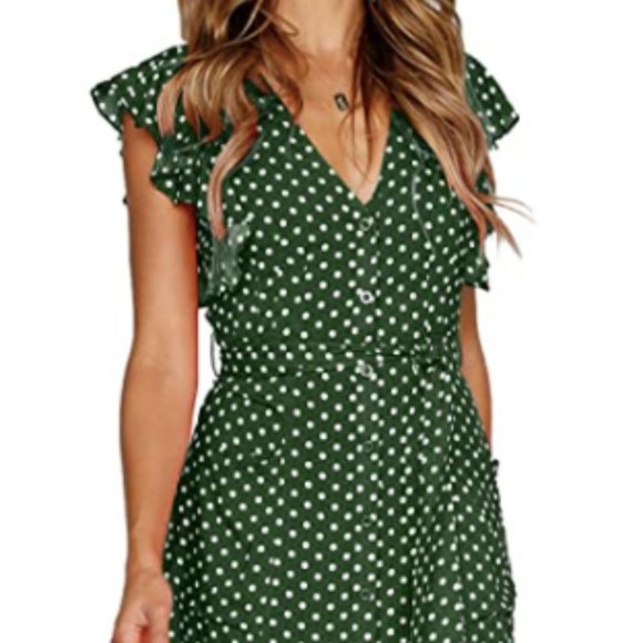 Green Polka Dot | Swing Midi Dress with Pockets and Tie Waist | Size S - Picture 2 of 8